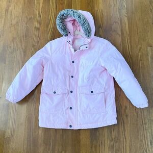 Hanna Andersson Pink Puffer Coat Faux Fur Hood Down Feather Fill Kids Size 10